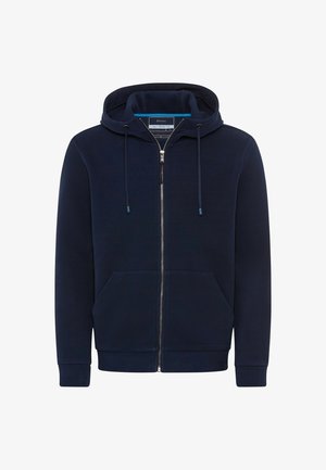 Marineblauwe hoodie met rits, voorzakken, verstelbare trekkoorden en een merklabel aan de binnenkant van de kraag.