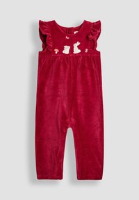 Roter Corduroy-Baby-Overall mit Rüschensleeves und gestickten weißen Kaninchen, Pilzen, Schmetterlingen und Blumen auf der Brust.