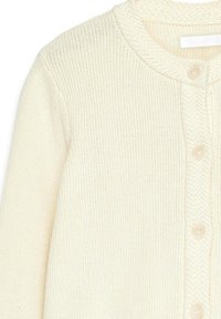 Light cream knitted cardigan with a textured pattern, round neck, and five button closure. Features soft fabric and visible ribbing details.