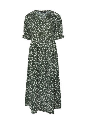 Vestido midi floral en tejido verde oscuro. Presenta un escote en V, mangas cortas abullonadas y una cintura fruncida con una falda completa. Patrón de flores blancas.
