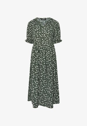 Floral midi dress in dark green fabric. Features a V-neck, short puff sleeves, and a gathered waist with a full skirt. White flowers pattern.