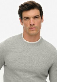 Mężczyzna z krótkimi ciemnymi włosami ubrany w jasnoszary sweter o fakturze noszony na białej koszuli, patrzący wprost w obiektyw na tle jednolitego białego tła.