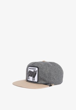 Gray fabric cap with a beige brim, featuring a black sheep graphic patch labeled "BLACK SHEEP" on the front.