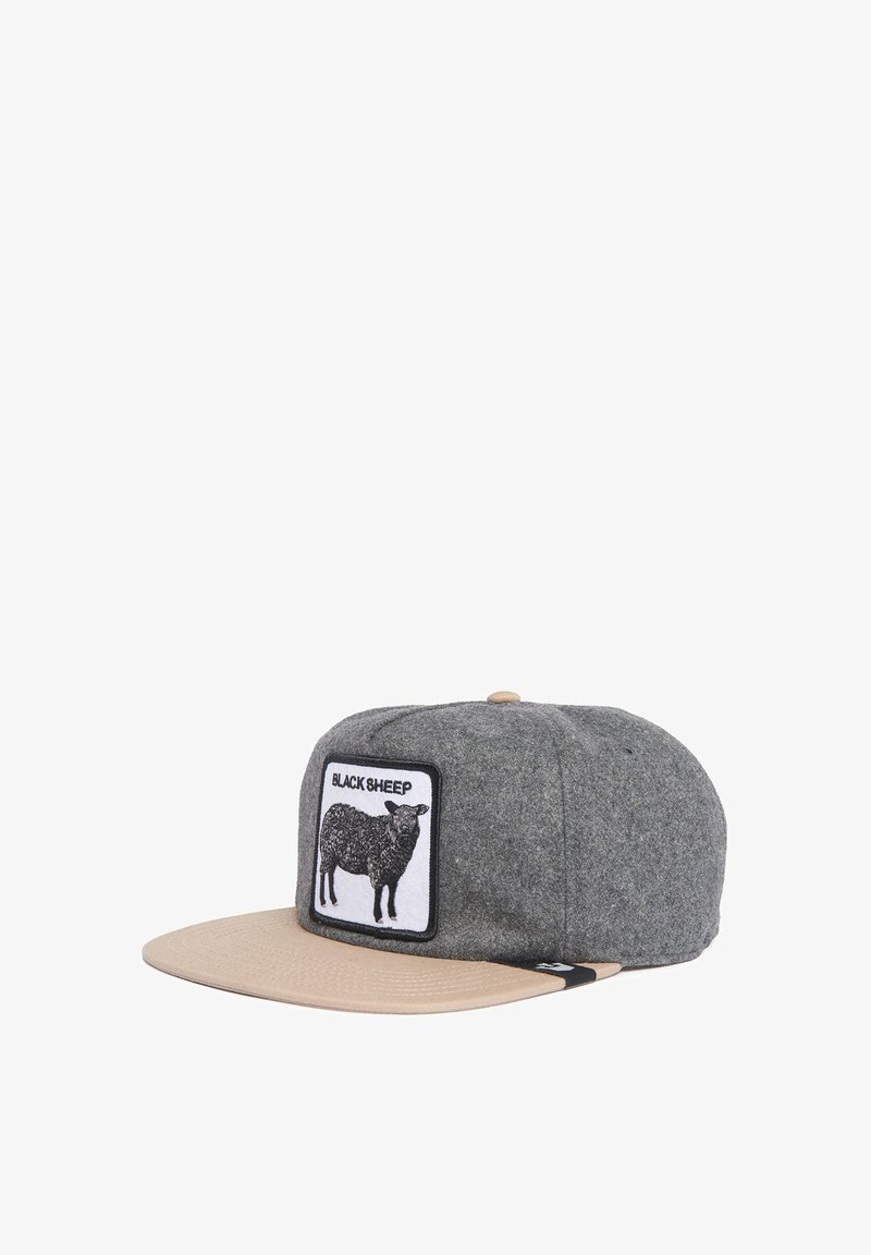 Gray fabric cap with a beige brim, featuring a black sheep graphic patch labeled "BLACK SHEEP" on the front.