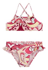 Bikini a righe rosse e rosa con dettagli arricciati. Il top presenta spalline incrociate regolabili; il pantalone ha una vita arricciata. Realizzato in tessuto per il nuoto.