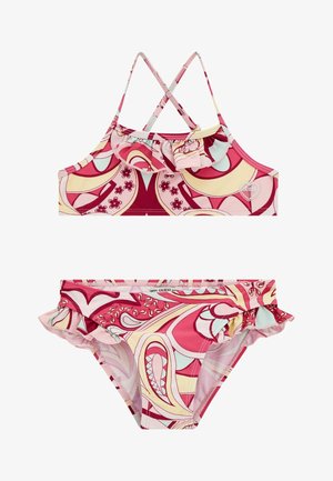 Bikini a righe rosse e rosa con dettagli arricciati. Il top presenta spalline incrociate regolabili; il pantalone ha una vita arricciata. Realizzato in tessuto per il nuoto.