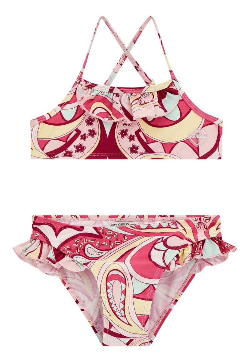 Bikini a righe rosse e rosa con dettagli arricciati. Il top presenta spalline incrociate regolabili; il pantalone ha una vita arricciata. Realizzato in tessuto per il nuoto.