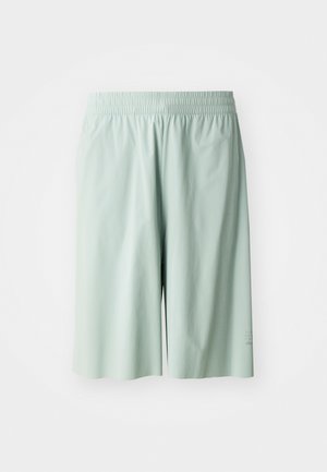 Shorts de sport vert clair avec une taille élastique, texture lisse, longueur genoux, présentant un détail de logo discret sur le côté inférieur.