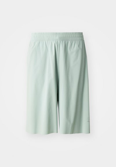 Shorts de sport vert clair avec une taille élastique, texture lisse, longueur genoux, présentant un détail de logo discret sur le côté inférieur.
