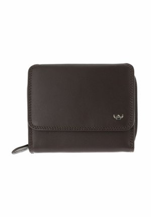 Portefeuille en cuir marron foncé avec rabat et fermeture éclair, avec un petit emblème argenté en bas à droite sur le devant.