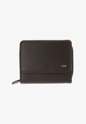 Portefeuille en cuir marron foncé avec rabat et fermeture éclair, avec un petit emblème argenté en bas à droite sur le devant.