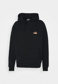 Felpa nera con cappuccio in cotone, dotata di una tasca frontale a marsupio, cappuccio con lacci e un piccolo design ricamato sul petto.