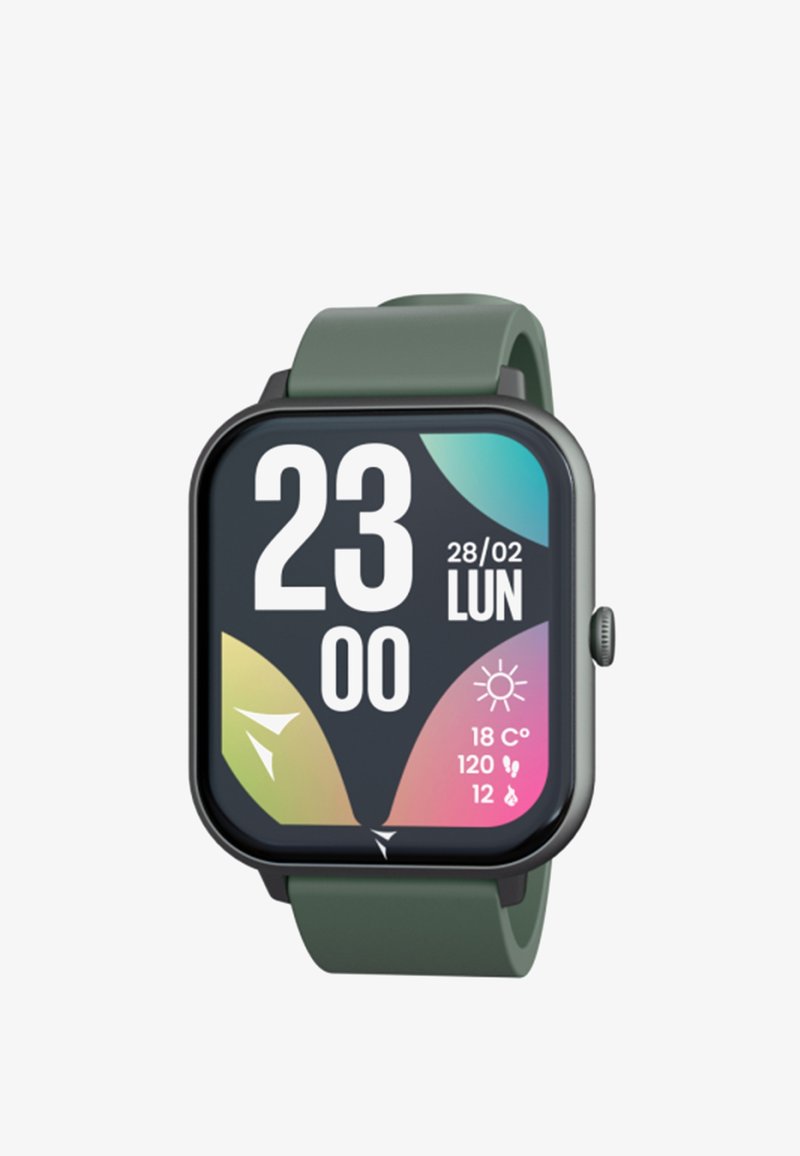 Smartwatch con quadrante quadrato nero, display digitale colorato per data e previsioni meteo, e cinturino in silicone verde. Include un pulsante laterale.