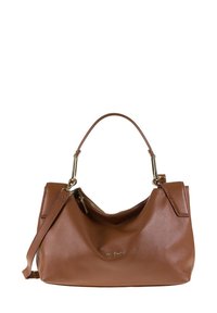 Sac à main en cuir texturé brun avec quincaillerie dorée, poignée supérieure unique et bandoulière amovible.