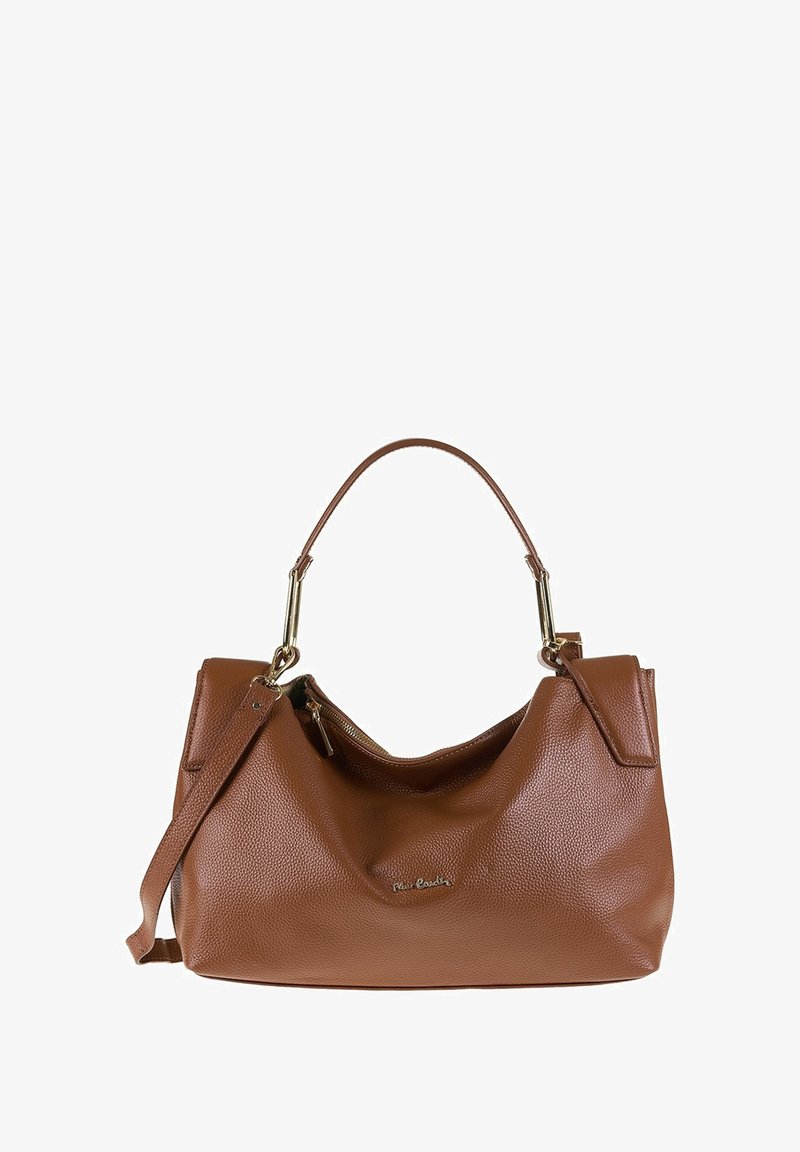 Bruine leren handtas met gestructureerde textuur, gouden hardware, een enkele bovenhandgreep en een afneembare schouderriem.