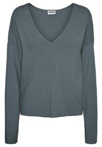 Maglione a maniche lunghe con scollo a V in un morbido tessuto teal opaco. Presenta una vestibilità rilassata e una cucitura centrale che corre lungo la parte anteriore.
