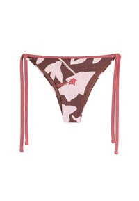 Brązowe kwiatowe majtki bikini z różowymi sznurkami. Tkanina ma wzór hibiskusa o matowym wykończeniu i bezszwowych krawędziach.