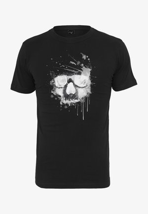 Schwarzes T-Shirt mit kurzen Ärmeln, das ein weißes Grafikdesign eines Schädels mit Brille und abstraktem Farbklecks-Muster zeigt, aus Baumwollstoff gefertigt.