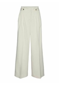 Pantalons larges en tissu blanc cassé. Présentent deux boutons dorés à la taille haute et un design plissé pour plus de texture.