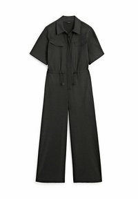 Black jumpsuit with short sleeves, two chest pockets, drawstring waist, and wide-leg design. Smooth fabric with a simple, clean finish.