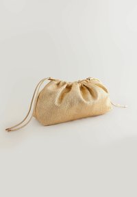 Gold mesh pouch bag with a gathered drawstring closure, featuring metallic accents and a textured surface. Lightweight and compact design.