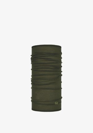 Olive green multifunctional tube scarf with textured fabric, featuring gathered lines and a small logo tag at the bottom.