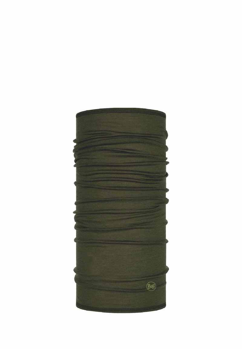 Bufanda tubular multifuncional de color verde oliva con tela texturizada, con líneas fruncidas y una pequeña etiqueta con el logo en la parte inferior.