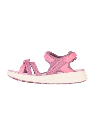 Pink children's open-toe sandal with adjustable straps, cushioned sole, and textured tread, shown in side profile on a white background.