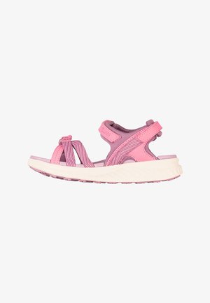 Rosa Kinder-Sandale mit offenen Zehen, verstellbaren Riemen, gepolsterter Sohle und profiliertem Laufsohlenmuster, seitlich auf weißem Hintergrund dargestellt.