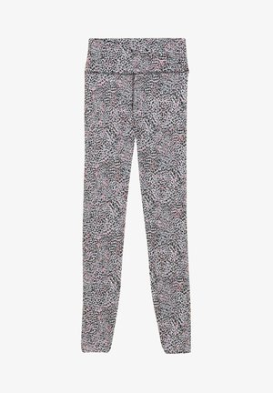 Leggings realizzati in tessuto elasticizzato con una stampa animale multicolore nei toni di nero, grigio e rosa. Vita alta per un maggiore comfort.