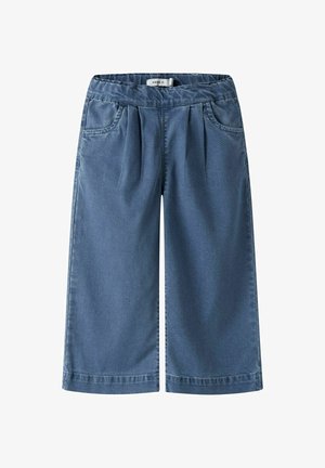 Blue denim culottes with a relaxed fit, featuring a waistband, two front pockets, and subtle pleats for added texture.