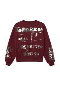 Bordeauxfarbene Sweatshirt mit metallisch silbernem Text und abstrakten Mustern. Verfügt über lange Ärmel, gerippte Bündchen und einen runden Halsausschnitt.