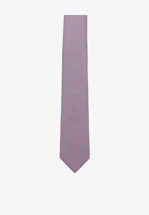 Purple necktie featuring a geometric pattern of small red and blue diamonds, smooth texture, and pointed end design.