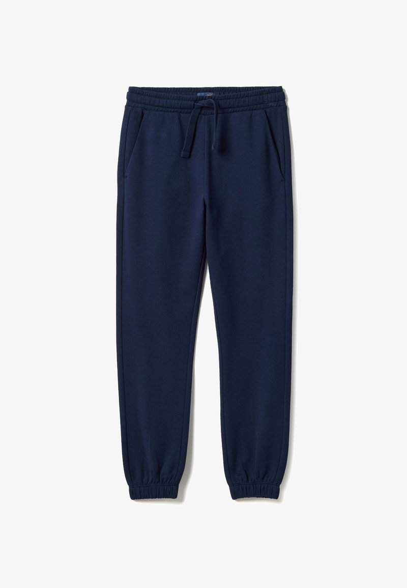Navy blue jogger pants with elastic waistband, drawstring, side pockets, and elastic cuffs.