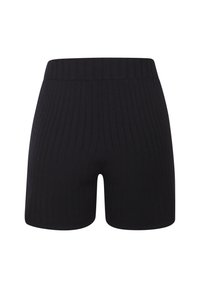 Zwarte geribbelde gebreide shorts met een elastische tailleband, met een aansluitend ontwerp en een gladde textuur.