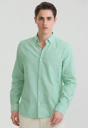 Fiatal férfi világoszöld, hosszú ujjú ingben, fehér függőleges csíkokkal, sima világos háttér előtt áll.