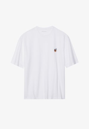 Tricou alb din bumbac, cu mâneci scurte, având un mic design brodat cu palmieri într-un ghiveci pe partea stângă a pieptului.