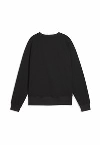Black long-sleeve sweatshirt with ribbed cuffs and hem, featuring a round neckline and raglan sleeves, made from soft fabric.