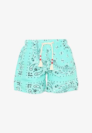 Costume da bagno turchese con motivo paisley bianco e nero, fascia elastica in vita e coulisse bianca con dettagli rossi.