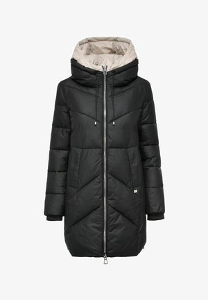 Czarna, ocieplana kurtka zimowa z wysokim kołnierzem, zapinana na zamek, z jasnym wykończeniem. Posiada geometryczny wzór pikowania i elastyczne mankiety.