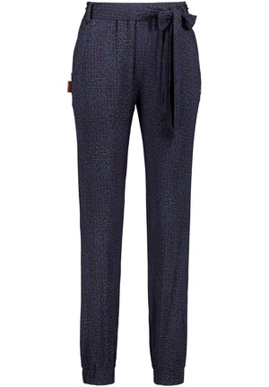 Marineblauwe broek met verticale stippenpatroon, elastische taille met strik, zijzakken en elastische boorden bij de enkels.