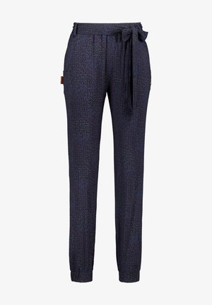 Marineblauwe broek met verticale stippenpatroon, elastische taille met strik, zijzakken en elastische boorden bij de enkels.
