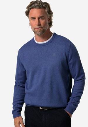 Blå strikket sweater med lange ærmer, ribbede manchetter og halsudskæring, med et diskret logo på brystet. Kombineret med mørke jeans.