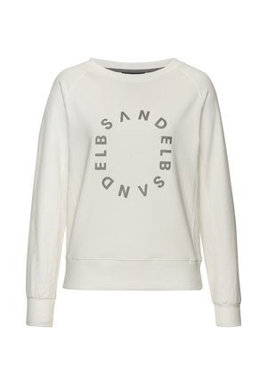 White sweatshirt with a round graphic design featuring text in gray. It has a crew neck, long sleeves, and ribbed cuffs. Soft fabric texture.