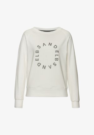 White sweatshirt with a round graphic design featuring text in gray. It has a crew neck, long sleeves, and ribbed cuffs. Soft fabric texture.