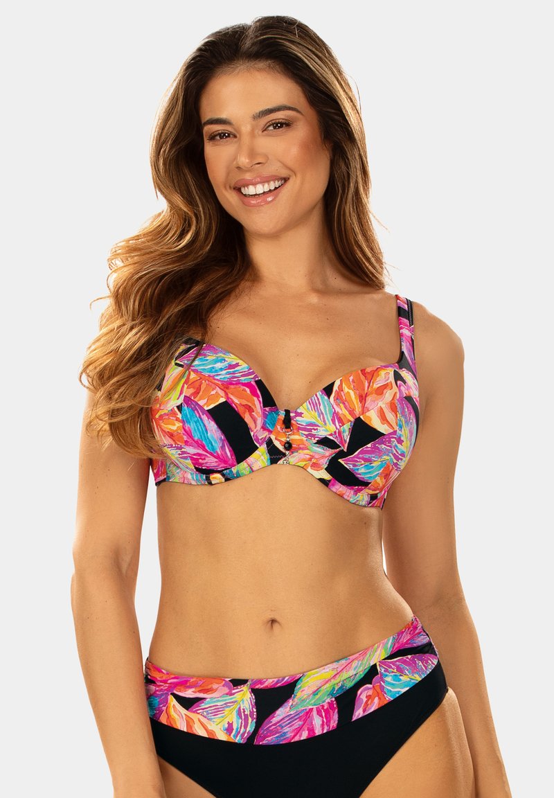 Zestaw bikini z wyściełanym, wielokolorowym wzorem liści z czarnymi akcentami. Góra ma wsparcie w postaci fiszbin i regulowane ramiączka.