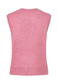 Rosa ärmelloser Strickpullover mit rundem Ausschnitt, ausgestattet mit einer weichen Textur und gerippten Kanten am Saum und an den Armausschnitten.