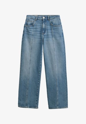 Jeans en denim bleu clair à jambes larges et taille haute. Comprend un design classique à cinq poches et des panneaux avant cousus pour plus de détail.