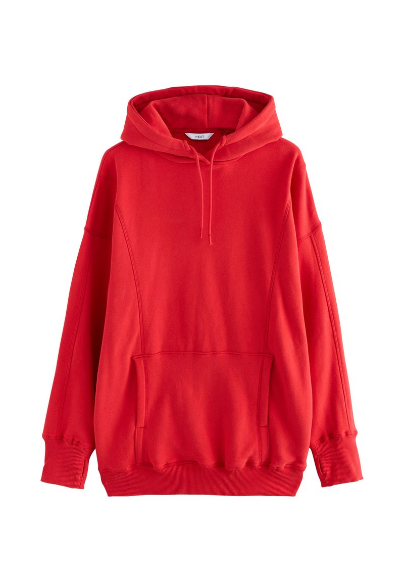 Czerwona bluza z kapturem wykonana z miękkiego materiału, z kieszenią kangurką, luźnym krojem, ściągaczami na rękawach oraz regulowanym sznurkiem przy kapturze.
