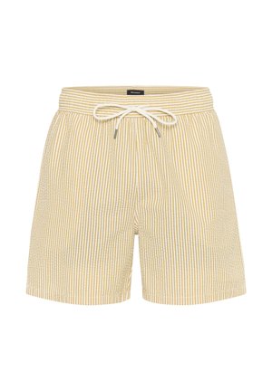 Pantalones cortos casuales a rayas verticales amarillas y blancas con cintura elástica y lazo blanco en la parte delantera.